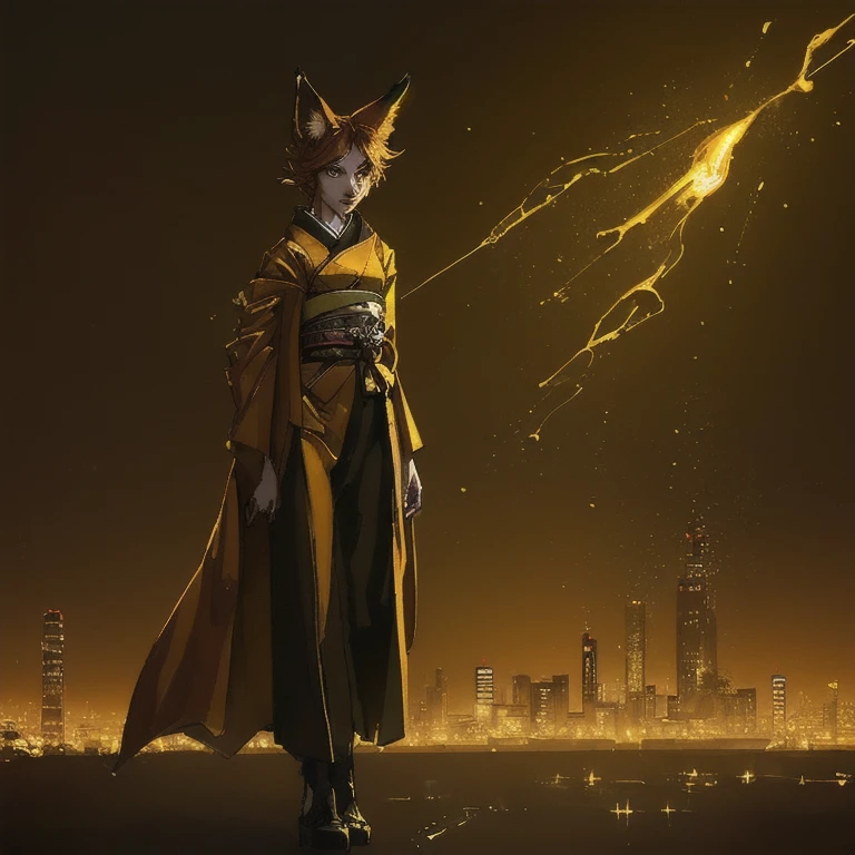 ((best qualityer, 8k, work of art: 1.3)), 1 girl, Slim with the appearance of a fox with 9 syrups and with a fiery gold on a dark night with a Japanese city with ambient lights and a dark lighting focusing on the girl and with light and shadow effects caused by the illuminated aura.