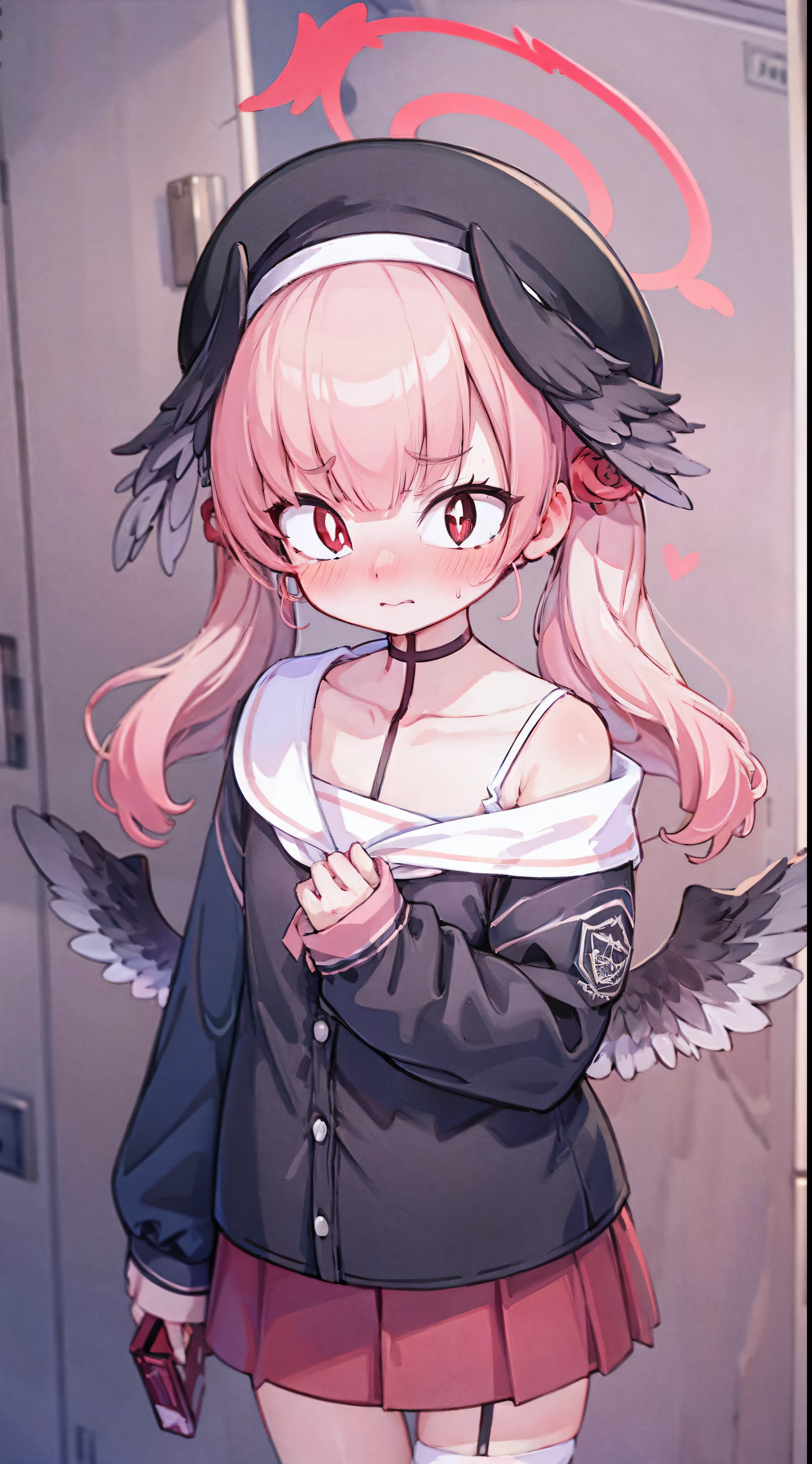 Long skirt，Attention to detail, Heart-shaped pupils，Love Your Students，Cropped shoulders，Lots of hearts，Slender Maiden,Highly rendered，Detailed face，White Stockings