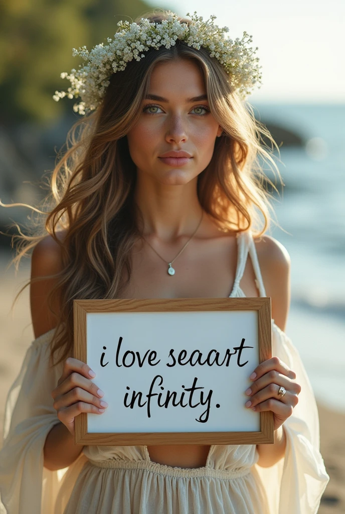 Beautiful girl with wavy long hair, bohemian dress, holding a white board with text "I Love Seaart Infinity" and showing it to the viewer