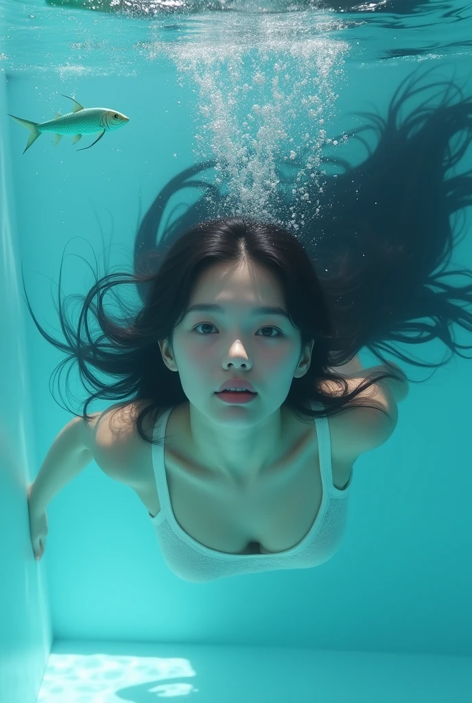 light blue wall, a teal fish , a up close view of a female underwater bubbles, dark flowing long hair,water very clear 