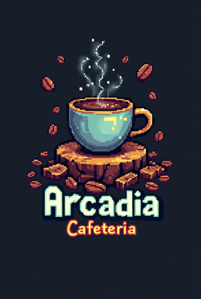 I'm creating the logo for a gaming-themed experience cafe, What I need is a logo for this design a coffee cup that is made of pixels, giving a retro look, It also adds pixelated graphics of coffee beans or small video game icons inside the cup., The logo should be serious but fun, now put the name of the establishment, This is called Arcadia Cafeteria