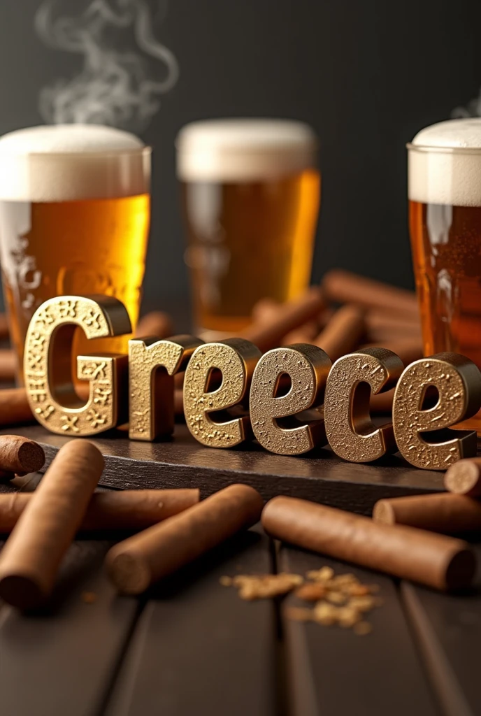 Name GREECE in 3d with background of beer glasses and cigars
