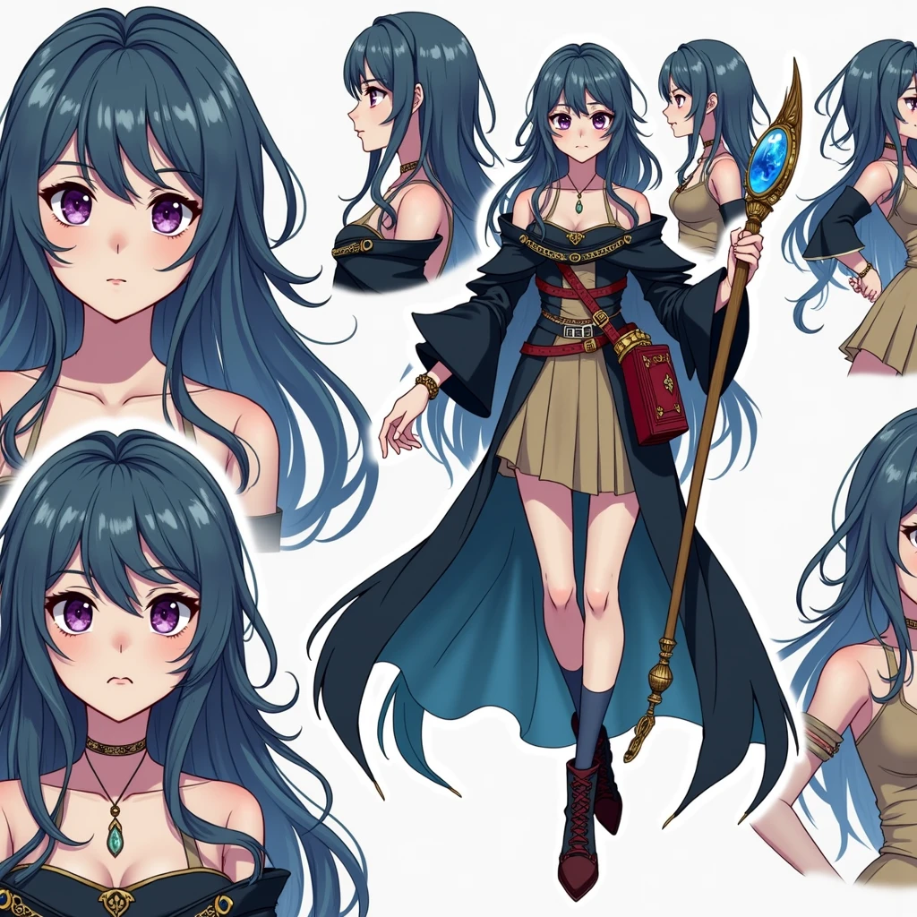 high resolution, 独奏, Jewel on the forehead, アニメ, anime styling, A girl from , with 1,66 inches tall, slenderbody, skin fair, her short hair with spikes at the ends, highlighting its unusual hue: a deep blue, remnant of the night sea. Your round eyes, of a violet shining like amethysts, were framed by thin, dark eyelashes, harmonizing with your eyebrows the same color as your hair.
She wore an elegant light brown dress, with long sleeves and slightly flared at the cuffs, leaving the side of your thighs exposed and adding a touch of boldness to your look. She was barefoot, her legs wrapped in blue, almost black tights, Around the waist, the reddish leather bag was securely attached to the belt, housing the precious grimoire.
A discreet black cape wrapped around her shoulders, giving it elegance. Em seu pulso esquerdo, a detailed metal bracelet, adorned with three small spheres in red colors, yellow and black, added a touch of color to her appearance.
In your right hand, a wooden staff rested, with an almost transparent blue stone embedded on top. 独奏, Fingerless gloves on each hand.