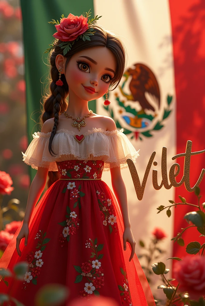 Una fascinante ilustración en 3D de estilo anime de una cautivadora muñeca llamada violet. violet está vestida con un rojo exquisito, white, and a green chiffon dress. The dress is adorned with intricate floral designs., evoking the essence of traditional Mexican clothing. Patricia&#39;s brown hair is styled with braids and beads of the same colors., framing her radiant smile and captivating brown eyes. She stands gracefully to the right of the Mexican flag, surrounded by iconic Mexican decorations that celebrate the rich culture. The illuminated letters of your name, "violet," are shown in bold silver-gold letters, with an elegant font. In a magic touch, The doll transforms the flower-covered landscape into an enchanting party, Embodying the vibrant colors and spirit of Mexican celebrations. The cinematic background features a mix of red.