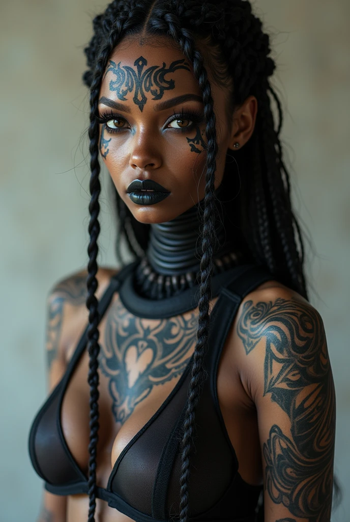 a full body close-up of a woman with tattoos on her face, dark elf, Fractalpunk, intricate braided hair, portrait photo, beautiful female android, black skin, she is dressed in the clothes of an African tribe, tattooed face, cryptopunk, makeup heavy, seductive looking and dressed only in underwear, a porn girl