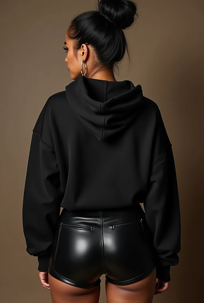 black woman hair in a bun black hoodie black leather short shorts being fucked in the ass by a old grandma in a dress