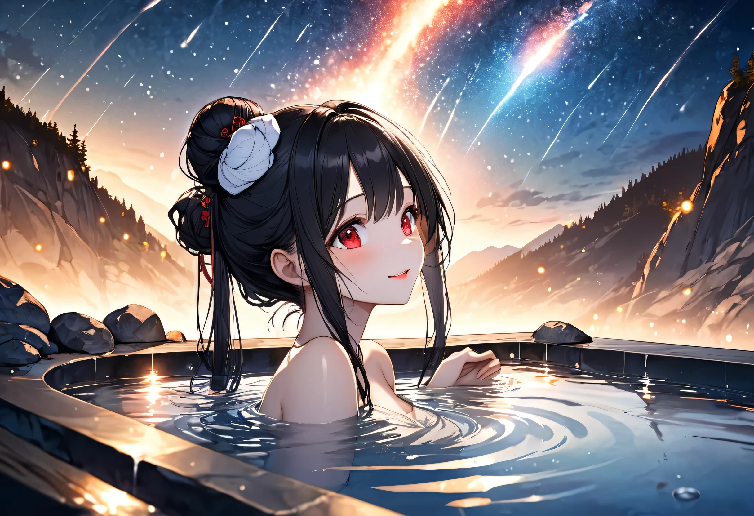 (Relax in natural hot springs style), (profile, solo:2, 18 yo), (looking up to sky), (beautiful detailed Bun Hair) (beautiful detailed black hair long hair), (immensely beautiful cool girl) (beautiful cool red eyes) (cute happy smile) (glossy lip), break, in the night open Vast bath of rock, background night Mountain Hot Springs and beautiful night sky of Meteor shower, BREAK, perfect anatomy, masterpiece, best quality, 16k, beautiful detailed night, daydreaming expression.