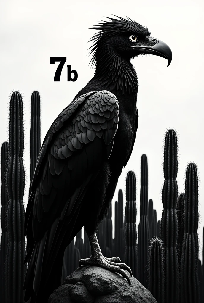 create a banner with black and white cacti in the background with a caracara in the background and the name 7b in large size behind it and black terror below it