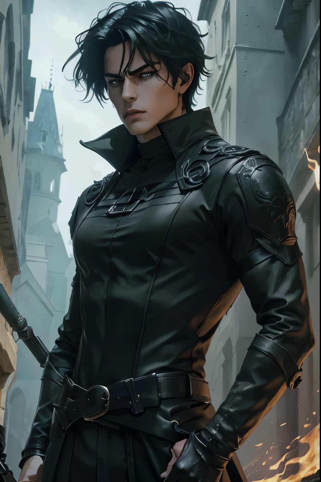 (an androgynous male assassin:1.1),wild black hair,green eyes,slim,black assassin clothing,in a castle,medium:oil painting,detailed background,moody lighting,vivid colors,dark and mysterious ambiance,ominous atmosphere