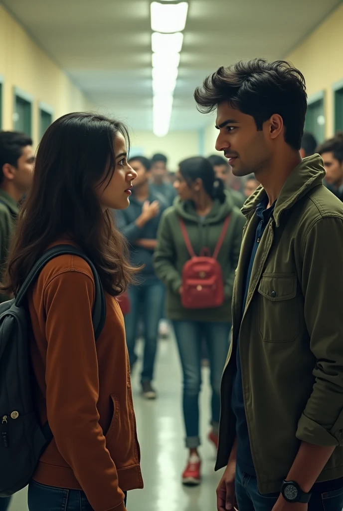 The Beginning of Tension:
"Aniket and Priya in a college hallway, surrounded by other students. Aniket looks concerned and slightly upset, while Priya appears indifferent, chatting with her friends. The distance between them is noticeable, and there’s a growing tension in their expressions."