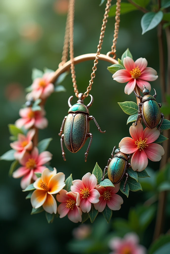 Bracelets and necklaces with flowers and beetles 