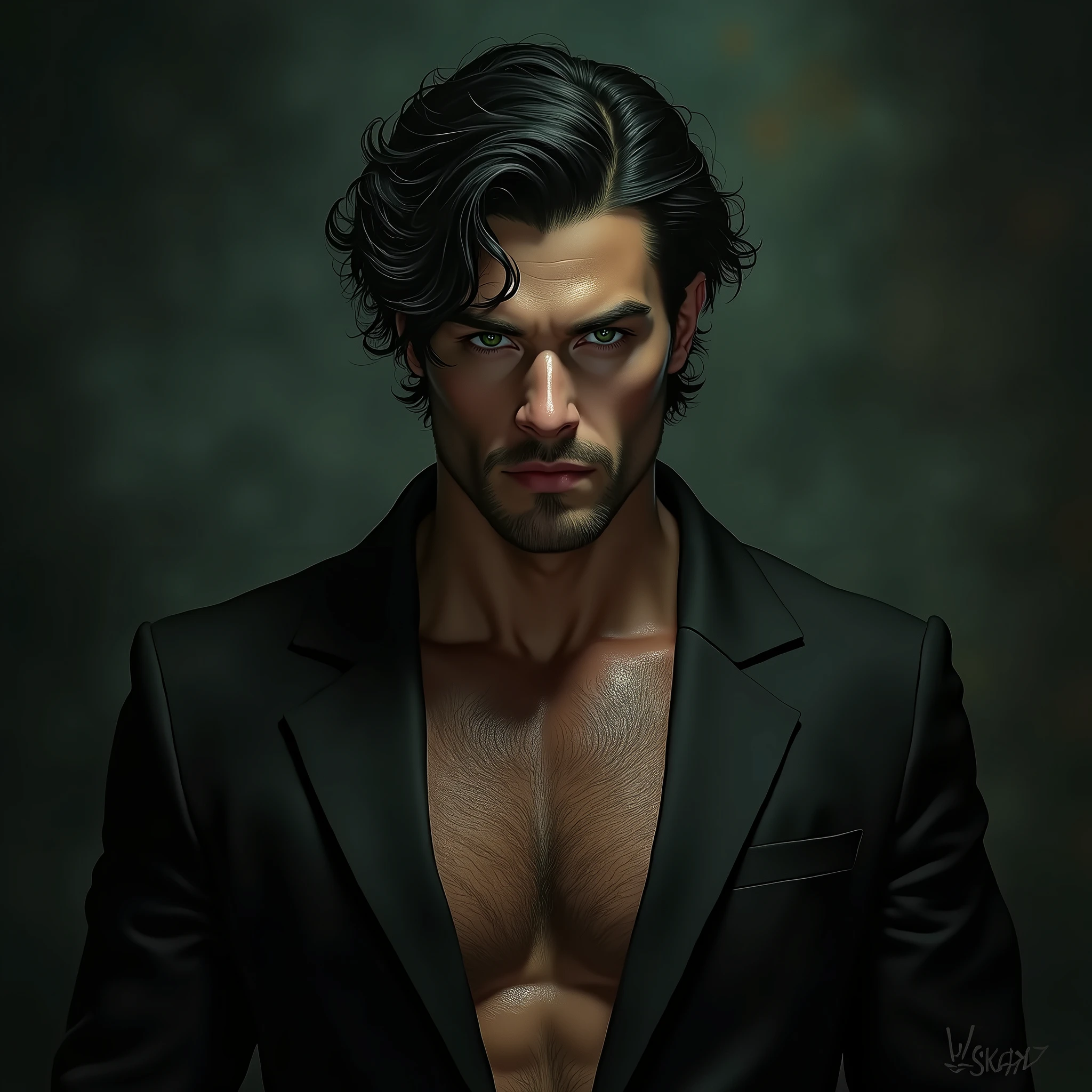 high qualiy, portrait of a domineering looking man, wavy black hair,dominant green eyes, Greek traits ,skin tanned, He's big ,sculptural and supernatural body, He has defined and striking facial features, he has a serious expression and a slightly raised eyebrow. ,He is wearing half-open clothes showing his muscles ,black formal wear Masterpiece, short hair and he has a scared and intimidating expression ,he is an alpha,terrifying intimidating appearance , He is scary and his dominant presence is seriously mysterious.. Hairy on arms and chest short hair short hair