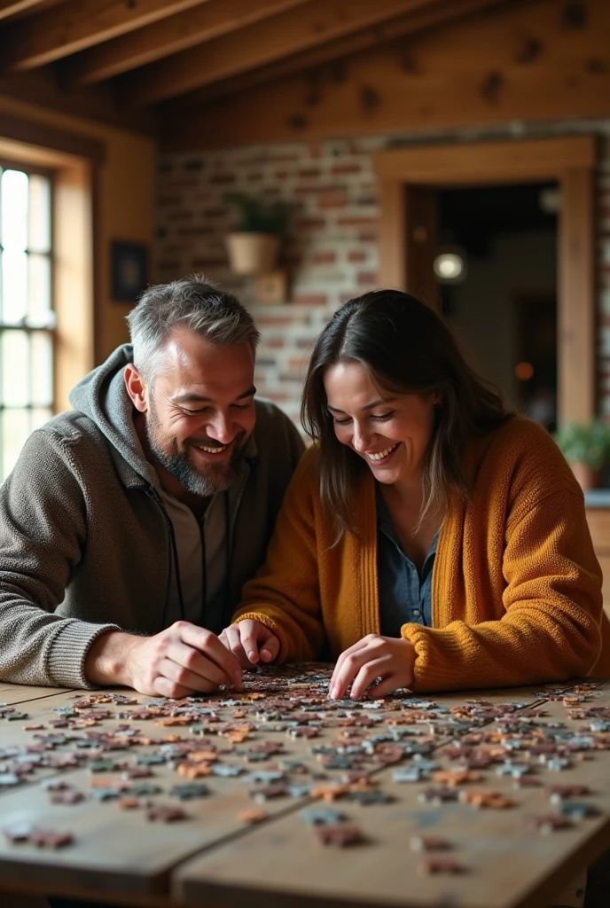 Couple putting together a 1000 piece jigsaw puzzle on a rustic table, in a house on the farm. The couple is euphoric. Thin man with short beard, fat woman with very long hair.