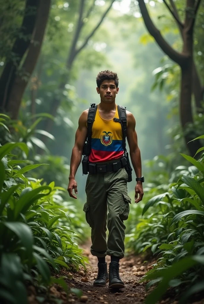 A young man from the university with a good physique and military knowledge walking .
and the flag of Ecuador in the middle of his shirt and an Amazon jungle in the background