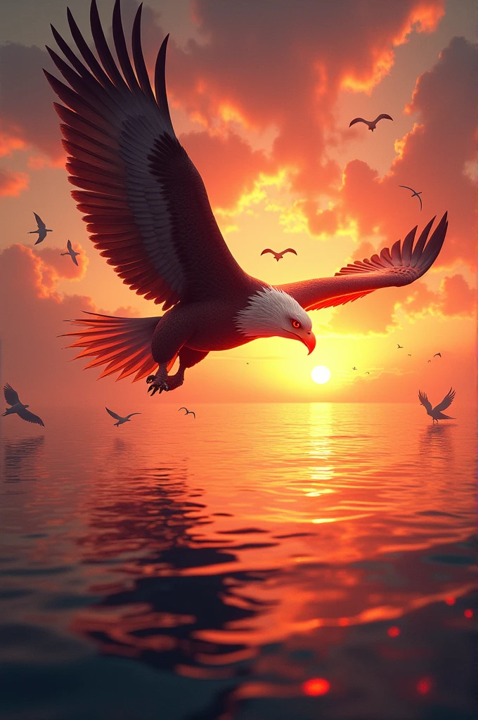 A sun set with red and yellow shining light in a sea with birds are flying there with a red  eye eagle 