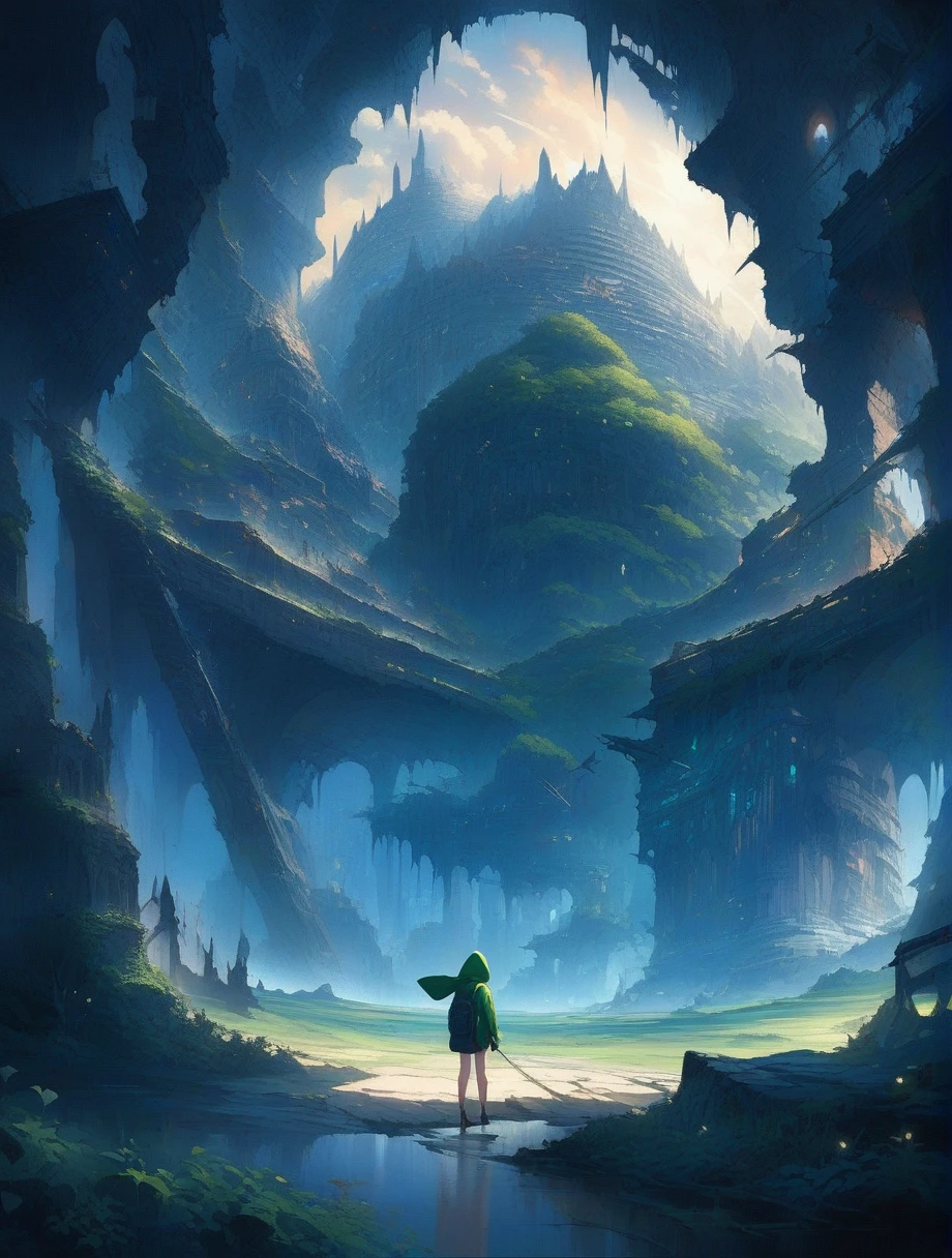 score_9, score_8_up, score_7_up, score_アニメ, masterpiece, best quality, delicate illustration, sharp line, sharp focus, BREAK,Traveler girl wandering in the ruins of endless night, the girl is wearing a hood, a lot of baggage in her backpack., night、City of the Future、Fantastic landscape、Beautiful Landscape、Harmony with Nature、Spectacular views、Machine City