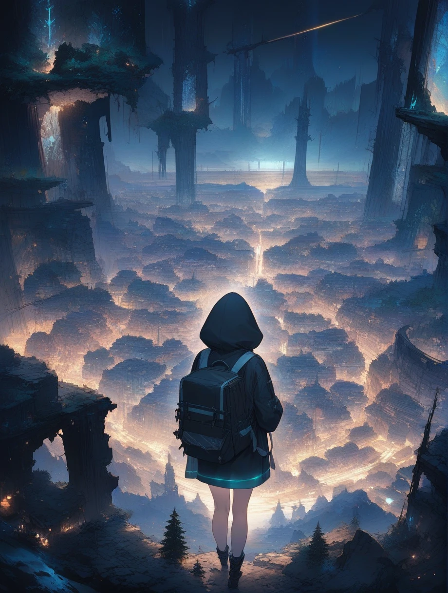 score_9, score_8_up, score_7_up, score_アニメ, masterpiece, best quality, delicate illustration, sharp line, sharp focus, BREAK,Traveler girl wandering in the ruins of endless night, the girl is wearing a hood, a lot of baggage in her backpack., night、City of the Future、Fantastic landscape、Beautiful Landscape、Harmony with Nature、Spectacular views、Machine City