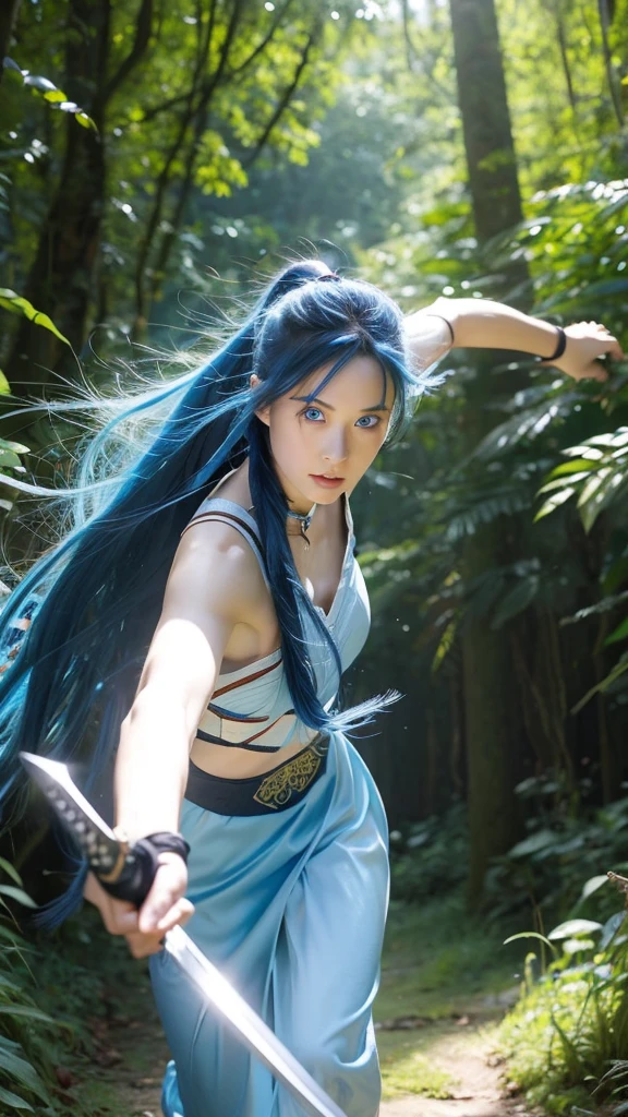 A female warrior with blue eyes and long blue hair、Running through the forest with a sword