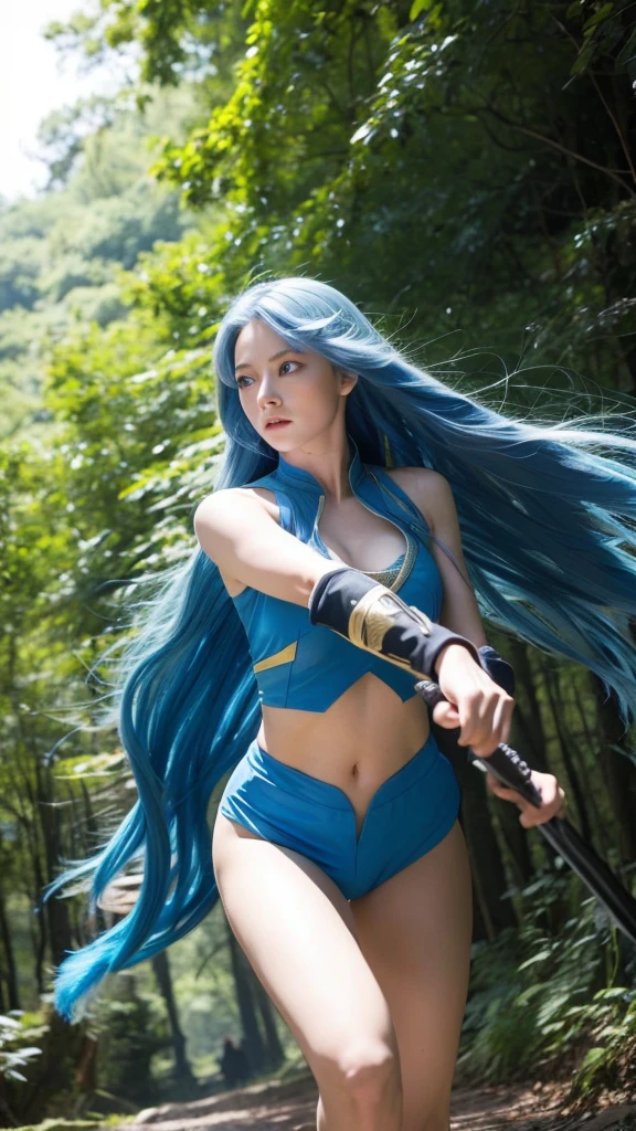 A female warrior with blue eyes and long blue hair、Running through the forest with a sword