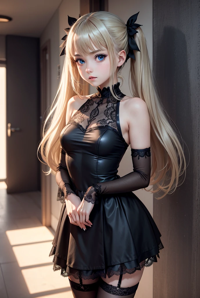 1 girl, (masterpiece), best quality, expressive eyes, perfect face, Misa Amane, busty, blue eyes, shoulder length straight blonde hair in small pigtails with hair straight hair down to her shoulders, black lace goth dress, black lace arm stockings, black thigh highs, black high heels,holding black notebook with DeathNote engraving on it in silver, in apartment hallway, standing, full picture