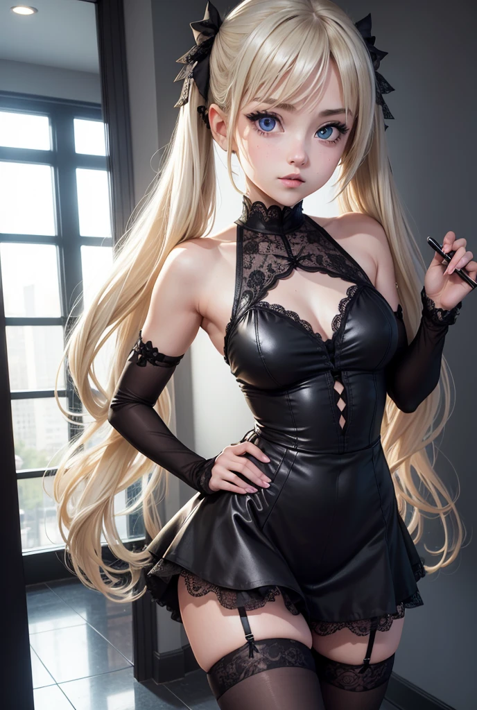 1 girl, (masterpiece), best quality, expressive eyes, perfect face, Misa Amane, busty, blue eyes, shoulder length straight blonde hair in small pigtails with hair straight hair down to her shoulders, black lace goth dress, black lace arm stockings, black thigh highs, black high heels,holding black notebook with DeathNote engraving on it in silver, in apartment hallway, standing, full picture