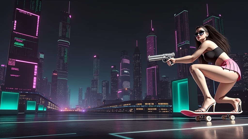 Matrix inspired futuristic cityscapes with colorful all-glass outlined towering skyscrapers with lightning, flying vehicle. High-resolution OLED GUI interfaces in the building, The windows are filled with transparent data visualization infographics that show it all, very close-up green glowing cascading code. Colors are saturated and vibrant. At night, (1 female assassin crouching on a skateboard, solo, alone), photorealistic, large-breast slim:0.6 body, oval:0.5 face, black mini bra, cleavage:1.1, deep-v, very low angle view of black pleated miniskirt, white panty, (upskirt), glove, (Matrix style black micro sunglasses), (aiming viewer with a short gun), dynamic skateboard jumping pose, (full-body thigh level close-up:2.0 shot), cinematic lighting, ray tracing, motion blur background.