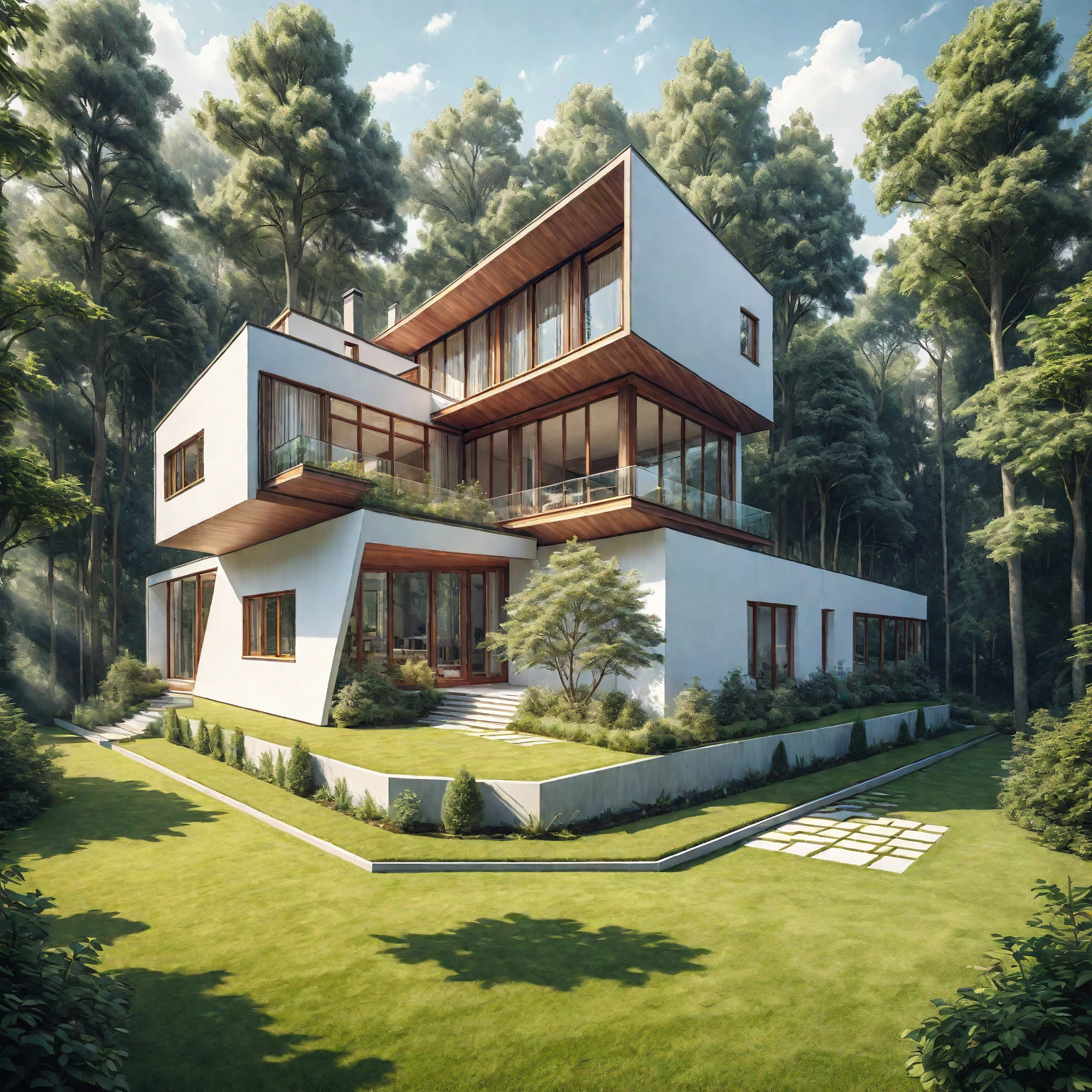 a drawing of a house with a lot of windows and a lot of trees, architectural concept, concept house, architectural concepts, architectural sketch, architecture concept, architectural render, conceptual rendering, architecture render, architectural rendering, isometric view!!!!, architectural illustration, architectural visualisation, realistic architecture, inter dimensional villa, conceptual, architecture visualisation, sketch style, concept drawing