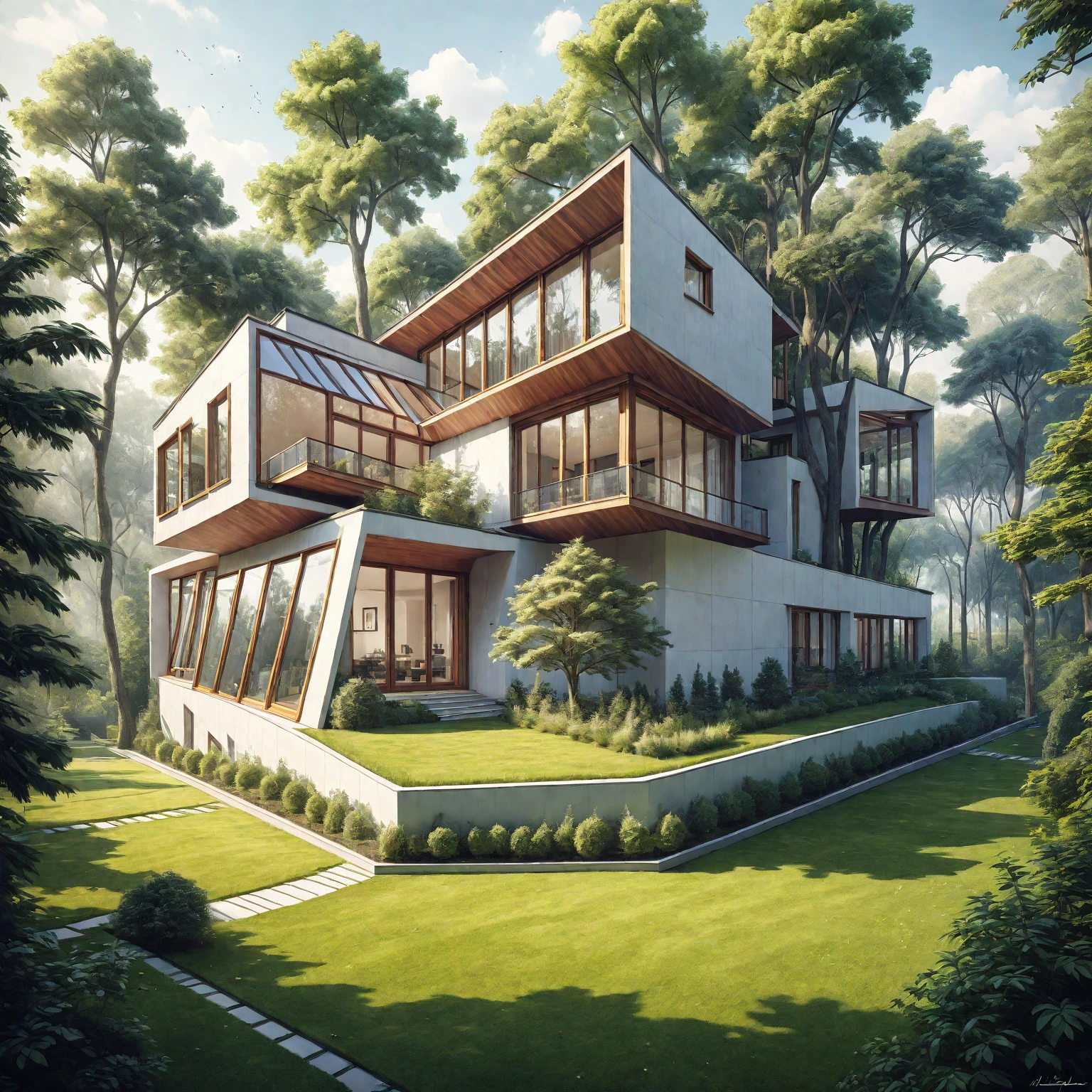a drawing of a house with a lot of windows and a lot of trees, architectural concept, concept house, architectural concepts, architectural sketch, architecture concept, architectural render, conceptual rendering, architecture render, architectural rendering, isometric view!!!!, architectural illustration, architectural visualisation, realistic architecture, inter dimensional villa, conceptual, architecture visualisation, sketch style, concept drawing