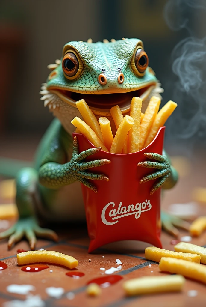 A realistic lizard eating French fries holding a package with the words CALANGO'S written on it. Potatoes fallen on the floor, smoking with ketchup and mayonnaise.