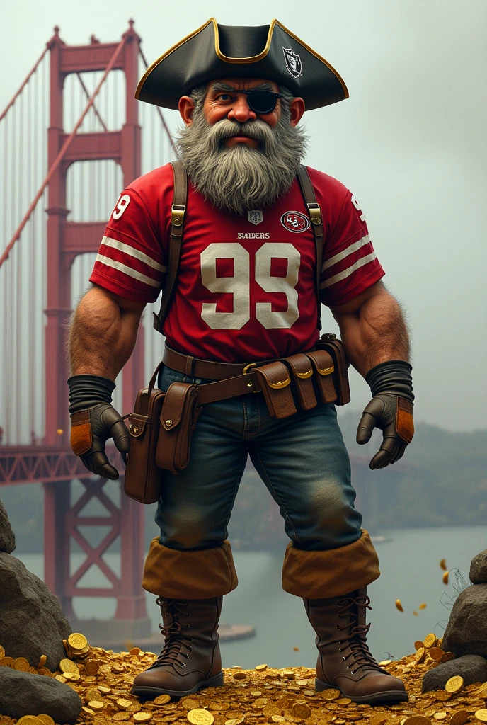 A Gold Miner Like Sourdough Sam, san francisco 49ers mascot, wearing 49ers colors and 49ers symbol but the face being the pirate from the raiders symbol with an eye patch and black raiders pirate hat in the background being the golden state bridge raining gold coins