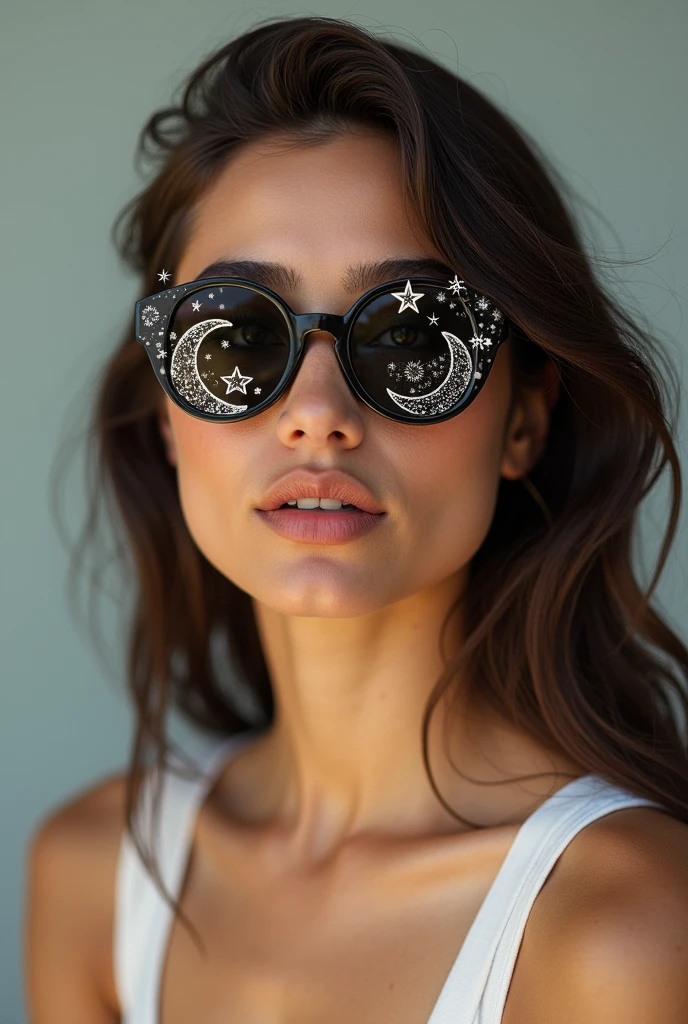 The model is wearing glass sunglasses with stars and the moon on the glass