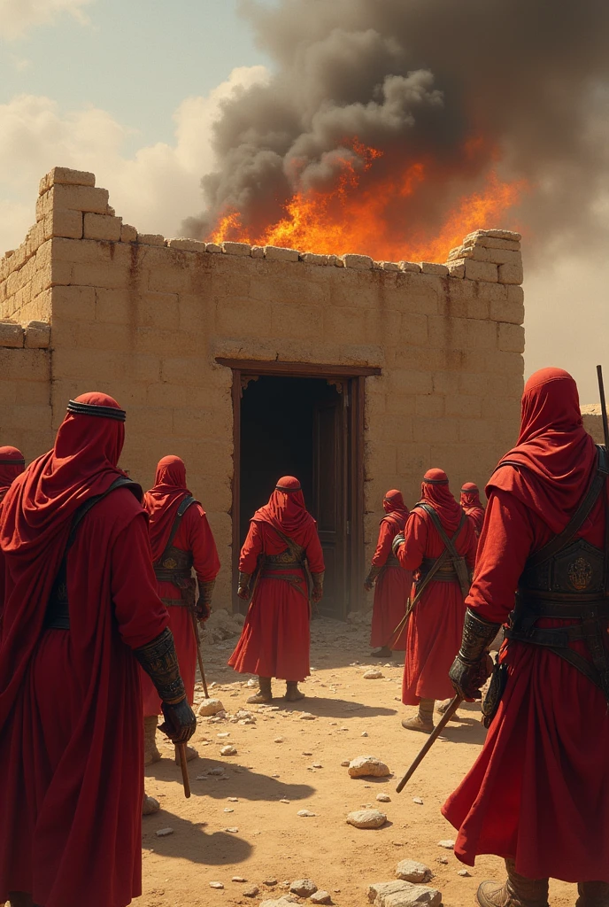 The fourth time, Umar went with a group to Fatima’s house, broke the door. Umar also set fire to the house. Arabia year 600 AD.Chr. Umar uses force to kick in the door.
Umar looks ugly and like a tyrant. He and his men set fire to the little house and kicked the door. They wear red clothes and war armor, they are evil and hateful, they all run into the house and look like beasts. The house is a small, poor house made of stone and clay.