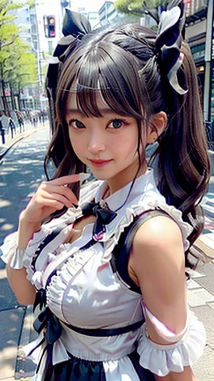 (Realistic:1.3), In detail, quality, Rembrandt Lighting, (Tabletop:1.2), (Realistic:1.2), (最高quality), (Detailed skin:1.3), (Complex詳細), dramatic, Ray Tracing, One Girl, Japanese girl, 、Big eyes、smile, Twin tails, Twin Loop Hair, Parted bangs, 2, Big ample breasts, jirai fashion, Gothic Fashion、Short dress, Frills, race, ribbon, Complex, (in Tokyo street, Harajuku, sunny day), Browsing Caution,