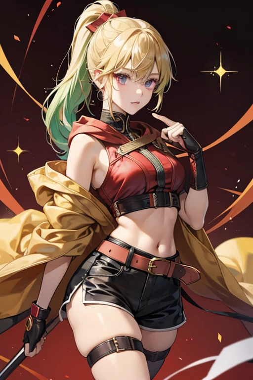 Shinobu is a young woman of medium build with light green hair held up into a messy ponytail with a thick dark reddish-violet rope that matches the color of her eyes and a dark hairpiece with gold accents. In addition to this, Shinobu has messy bangs and wears a dark grey mask that covers the lower portion of her face.
Shinobu's outfit consists of dark colored cropped top exposing part of her midriff showing her belly button, matching dark shorts and a black belt decorated with a thick red rope tied into a bow. Over this, Shinobu wears a cropped dark purple red and gold-trimmed hooded jacket with a buckle, dark gloves that leave certain fingers exposed and thigh-high legwear with red armor plating. Shinobu's outfit is decorated with a number of gold and red accents and trinkets and more thick red ropes, most notably around her chest area. In addition to this, Shinobu wears a single samurai plate over her left shoulder, where her Electro Vision is attached. SPARKLE; GLITTER