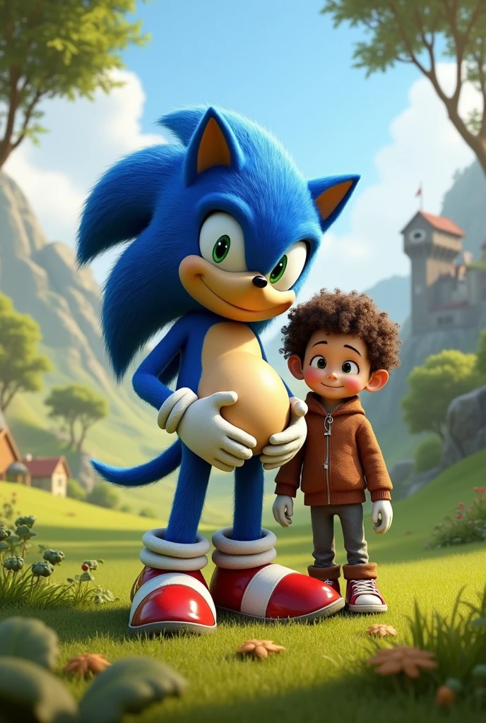 Pregnant sonic from shrek, the son is a white curly brown haired boy