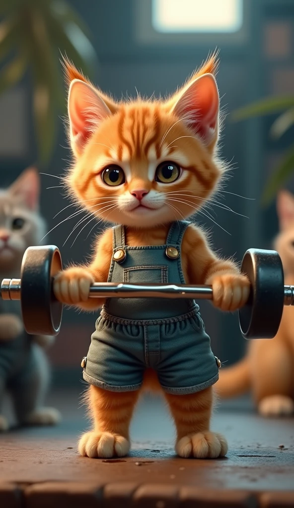 In the 'Meow Gym,' the small kitten, now full of determination, begins his journey to become a bodybuilder just like his father. The kitten is seen working hard, lifting small dumbbells with all his strength, his tiny muscles straining with effort. Sweat glistens on his fur as he pushes himself, using miniature versions of the gym equipment designed for his size. Around him, older cats and even the dog bodybuilder watch with admiration, recognizing the kitten’s dedication and spirit. The atmosphere is filled with motivation and support, as the kitten embraces his goal, steadily building his strength and confidence through sheer hard work."





