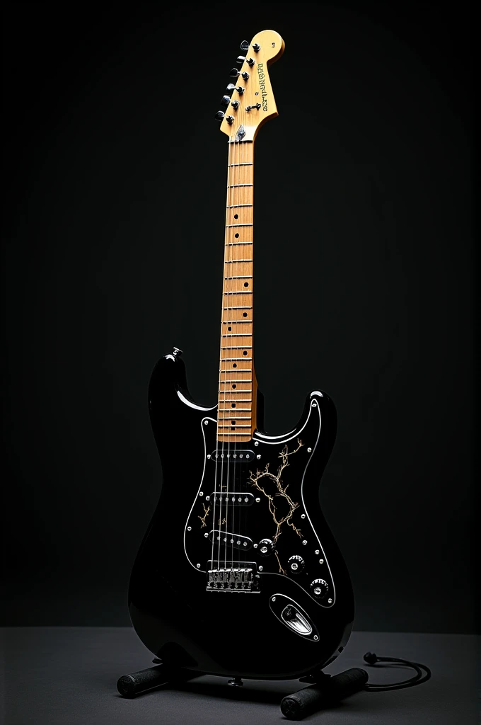 Stratocaster negra con un pickguard de ride the lighting