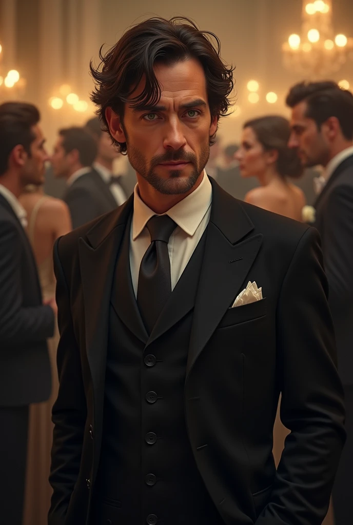 realist,, Male gender, brown hair, green eyes,messy hair, with black suit, in the background a formal party