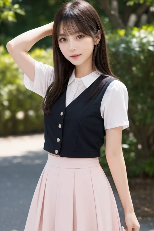 Japan beauty in her 20s、Black lob hair、Light pink summer vest and skirt、White short-sleeved blouse、Accentuates a tight waist、Great style、Idol face、