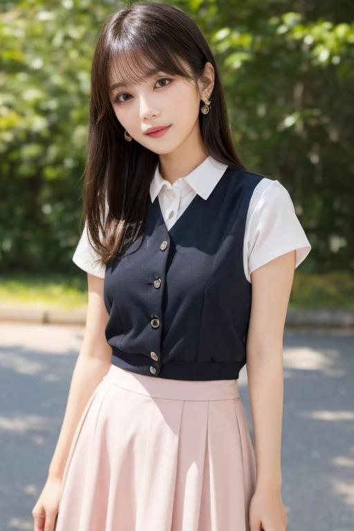 Japan beauty in her 20s、Black lob hair、Light pink summer vest and skirt、White short-sleeved blouse、Accentuates a tight waist、Great style、Idol face、