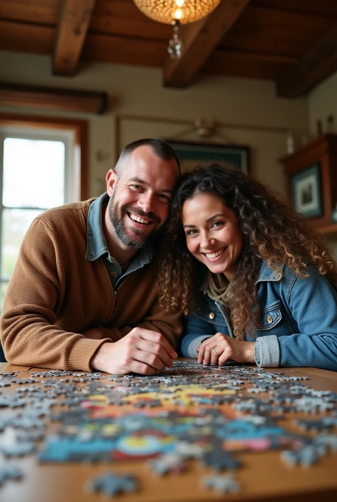 Couple putting together a 1000 piece jigsaw puzzle on a rustic table, in a house on the farm. The couple is euphoric. Thin man with short beard, fat woman with very long hair. are dating.