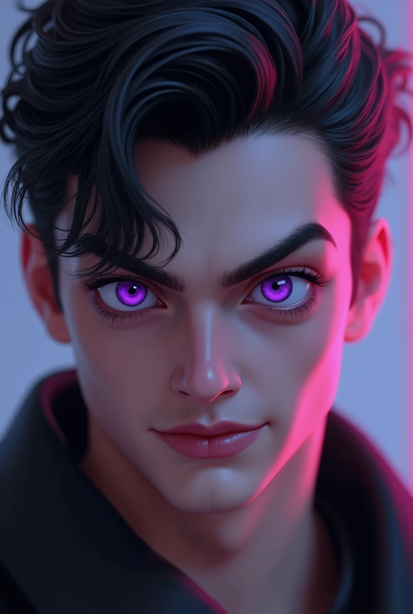 Man with defined eyes purple well-defined violet eyes asymmetrical confident smile picaro face tank top beautiful violet eyes irises defined popular defined violet iris smooth malicious eyes malicious look definition HD rendering 32k rendering ultra hyperrealistic award-winning photo violet defined eyes violet asymmetrical eyes with detailed pupils and asymmetrical iris violet round iris asymmetrical round violet eyes