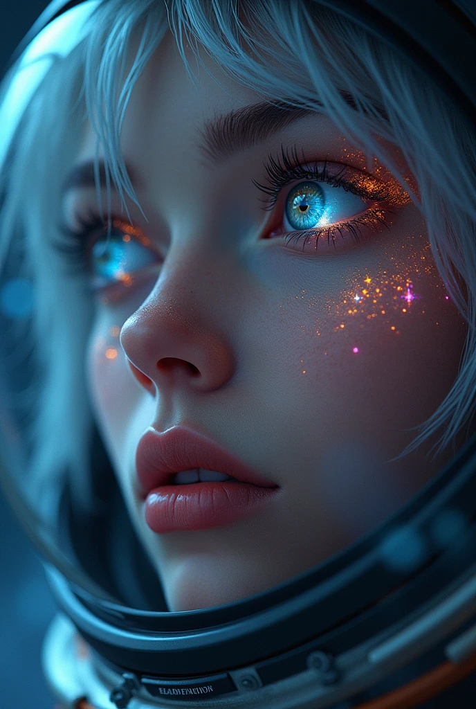 (Close-up of a better masterpiece:1.5)0.9], (Space and astronauts:1.2) (Messy silver hair:1.1) (Heterochromia xanthochromia and blue eyes:1.2) (Space Helmet:1.0) (Colored stars in the eyes:1.0) (A radiant glow:1.1) (thick lips:0.9)