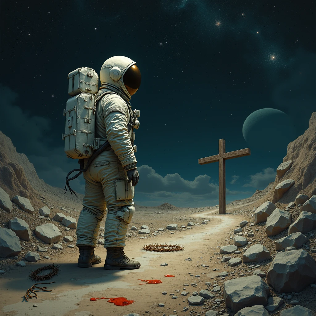 The Cross ,blood, outer space , constellations, stars , planets , an astronaut 