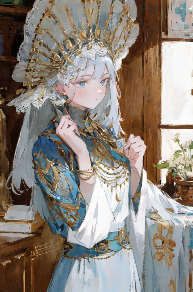 ((Very detailed), #3B4195 Background, beautiful flower, Berry, Fern, leaf, Watercolor pattern in muted tones), (Watercolor Texture), ((1 girl), short hair, cute,Side braid, Hair in the eye, Captivating smile, 超Wide-angle, Wide-angle, Hair Flower, Flowers on the head, Godley, Halftone, Alphonse Mucha, 