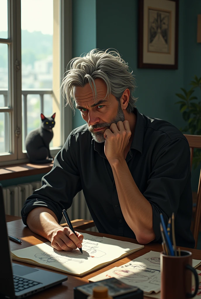 Older man with disheveled hair and green eyes sitting at a desk next to a balcony wearing a black shirt and a sheet of paper with a drawing on the desk with a cat in the window