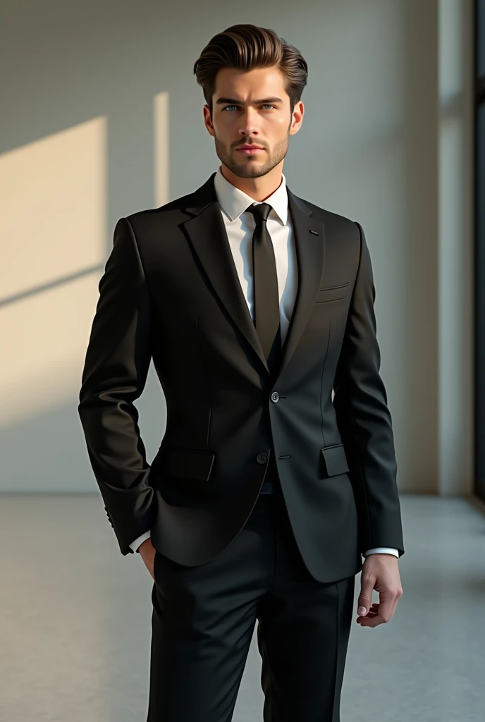 Young man with brown hair and green eyes in a black suit