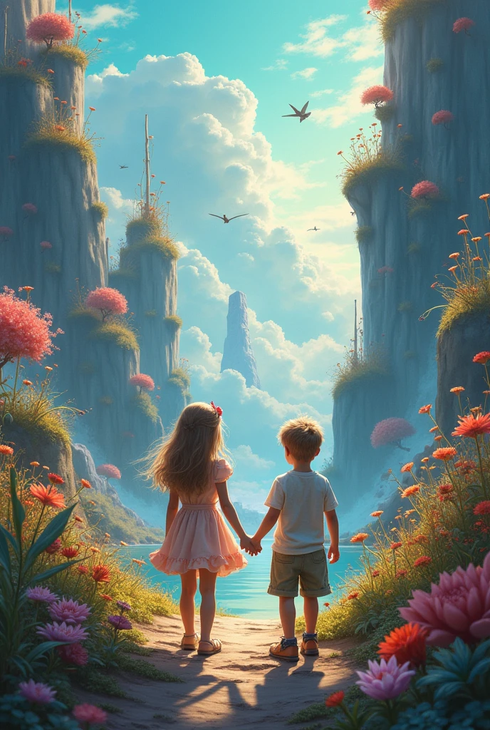 Fantasy world landscape adds a girl and a boy .