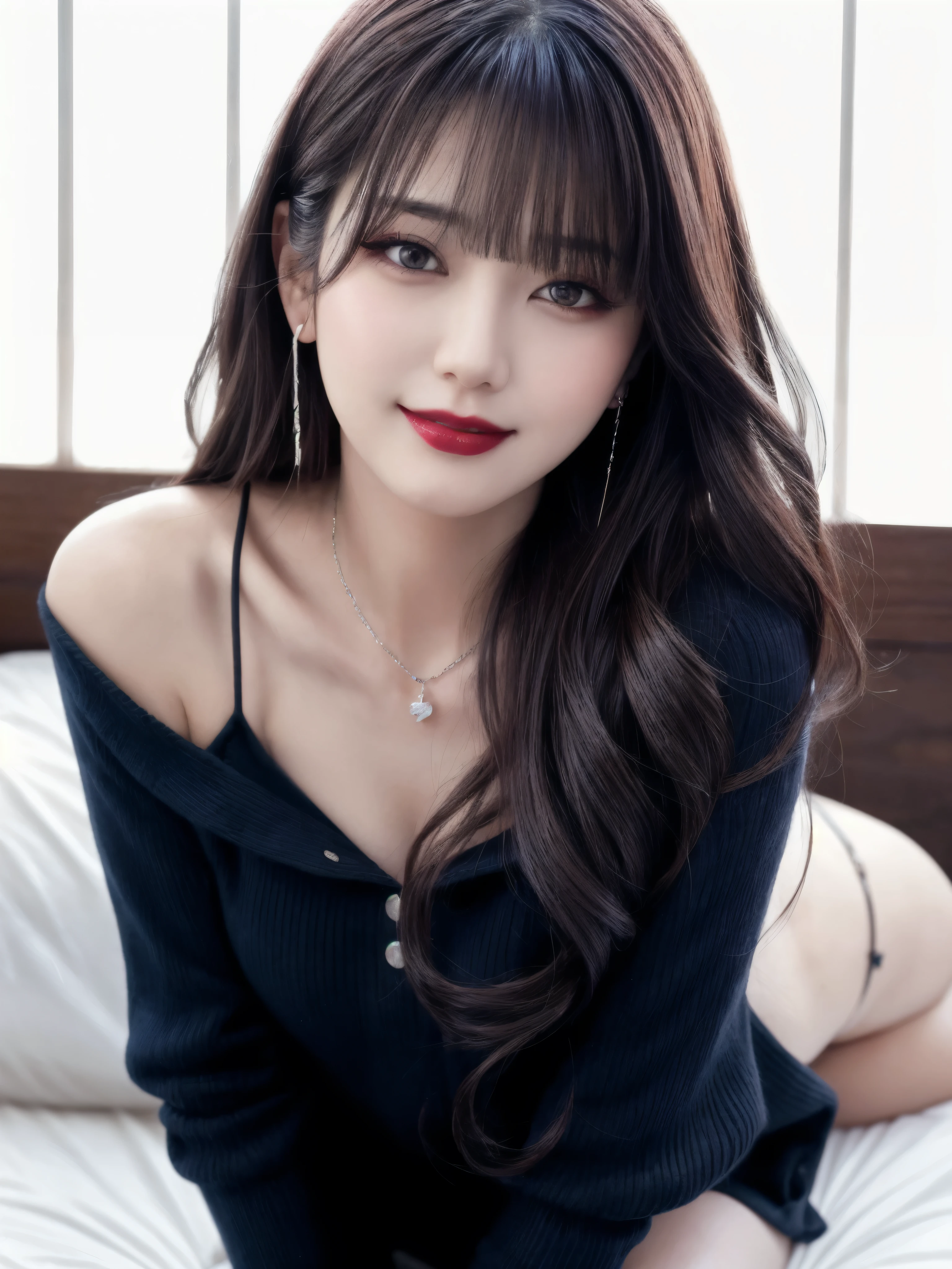 ra-detailed、Japanese、attractive beauty、seductive adult woman、pretty woman、piercing eyes、cool girl、wavy hair、swept bangs、Evil cadres、evil depravity、brainwash、mind control、lipstick、lip gloss、dark makeup、smirk、whisper in your ear、Evil expression、evil、hollow eyes,half-closed eyes、empty eyes、evil、vampire、succubus、vampire、Swear allegiance、sexy pose、hair ornaments、Charming, alluring, alluring, evil, seductive eyes, evil smile, exposed shoulders, exposed waist, exposed thighs, white color underwear, on the bed, night, warm light