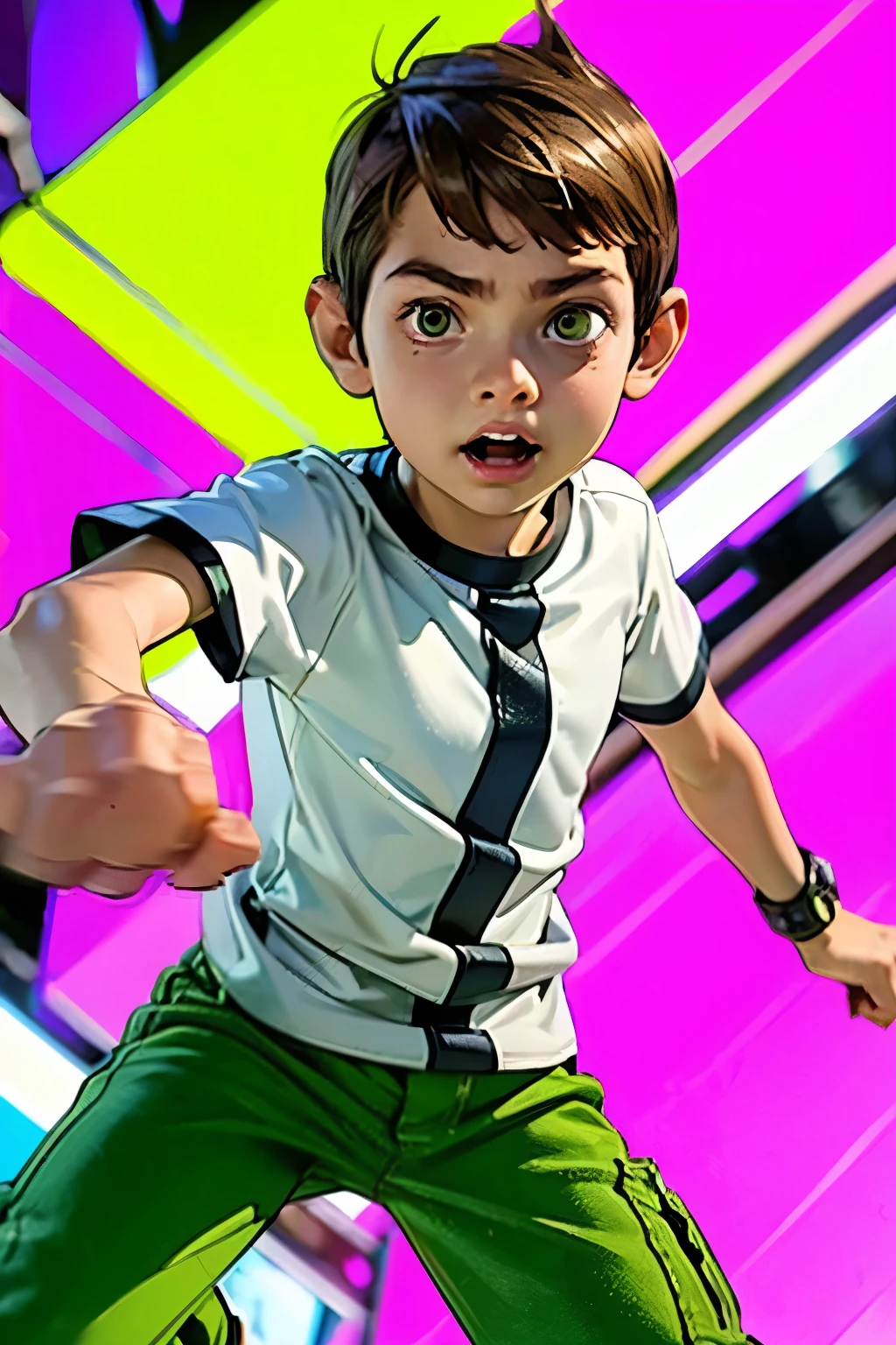 Movie poster, Ben 10 (((A child, *** ))), brown eyes, (((wearing a white outfit with black stripe in the center, green pants))) , showing fist. (Omnitrix on arm)) . (Action facial expression ) . highy detailed, face detailed, realisitic, cinematic lighting, studio quality, proffesional, face detailed, intrikate, bright coloured. ((abstract lighting background)).